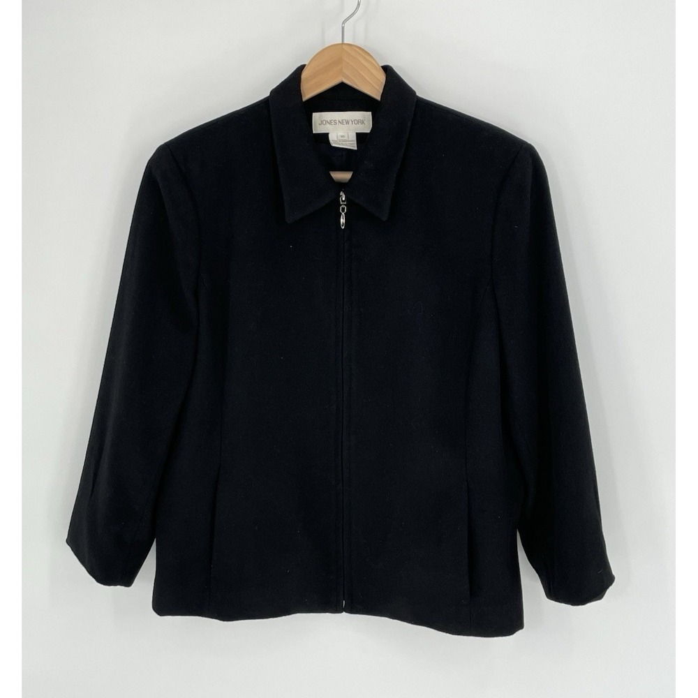 Jones New York Womens Size 16 Blazer‎ Wool Angora Black Full Zip Lined Designer